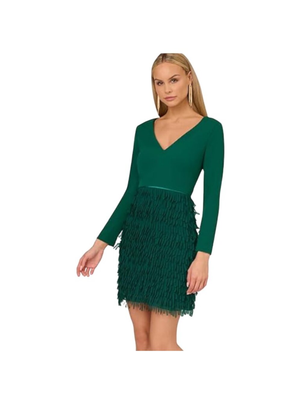Adrianna Papell Dress 12 Green Long Sleeve Crepe & Chiffon Fringe Retro Cocktail